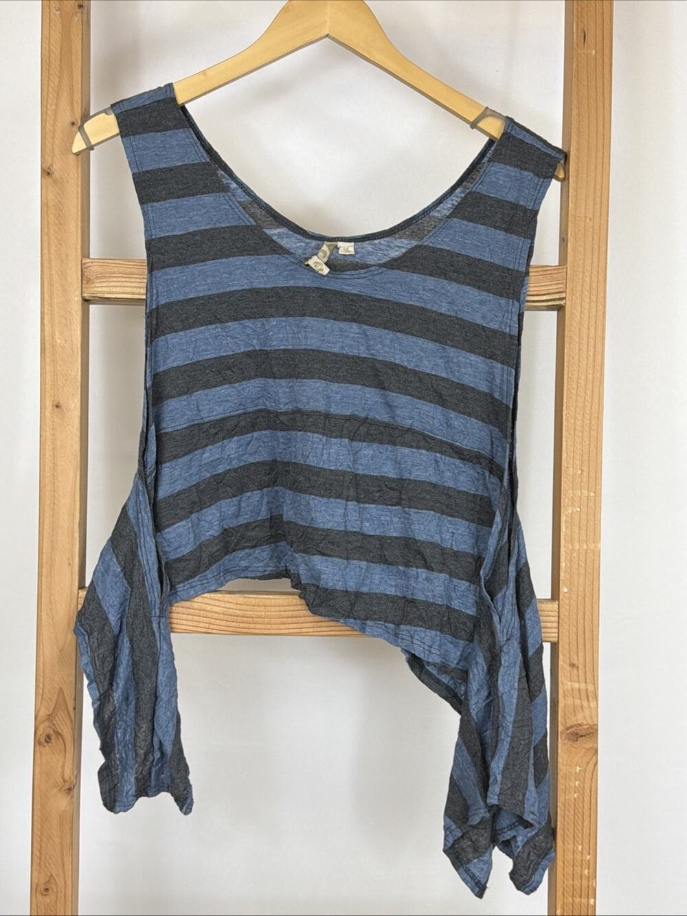 Comfy USA Blue Gray Striped Asymmetrical Pop Over Vest Top MEDIUM — Made in USA